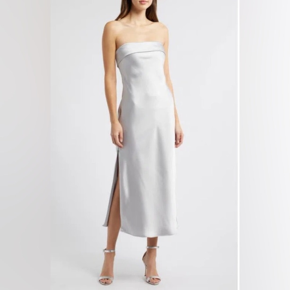 NWOT Amsale Faye Strapless Satin cocktail platinum Dress